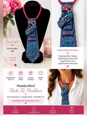 Unique Fashion Accessory  Tie Necklace | Pearl Statement Necklace | Wearable Art